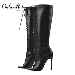 Onlymaker Women Square Peep Toe Thin High Heels Lace Up Matte Black Knee High Boot Side Zipper Big Size  Boots