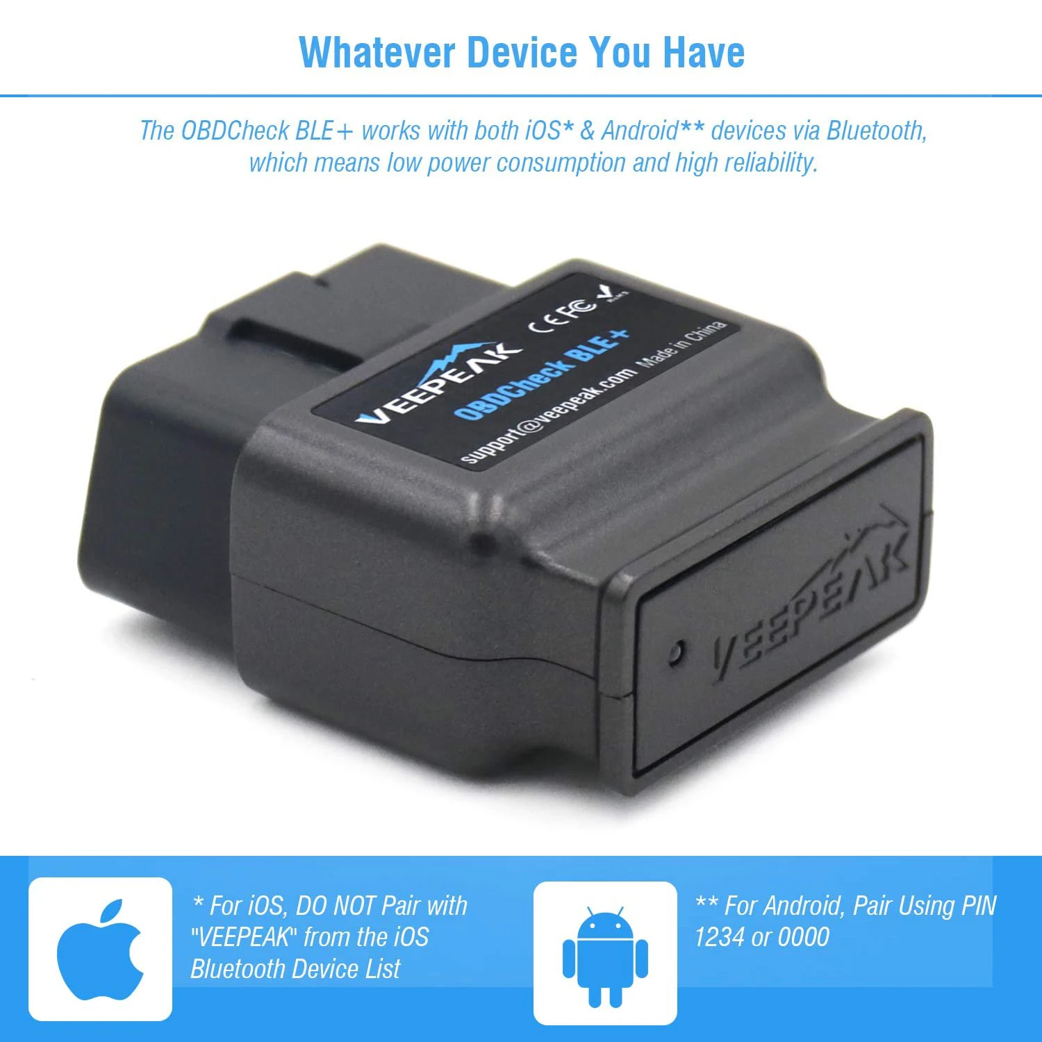 Veepeak OBDCheck BLE + 블루투스 4.0 OBD2 스캐너, iOS 및 안드로이드용, 자동차 진단 코드 리더 스캔 도구, 범용 OBDII