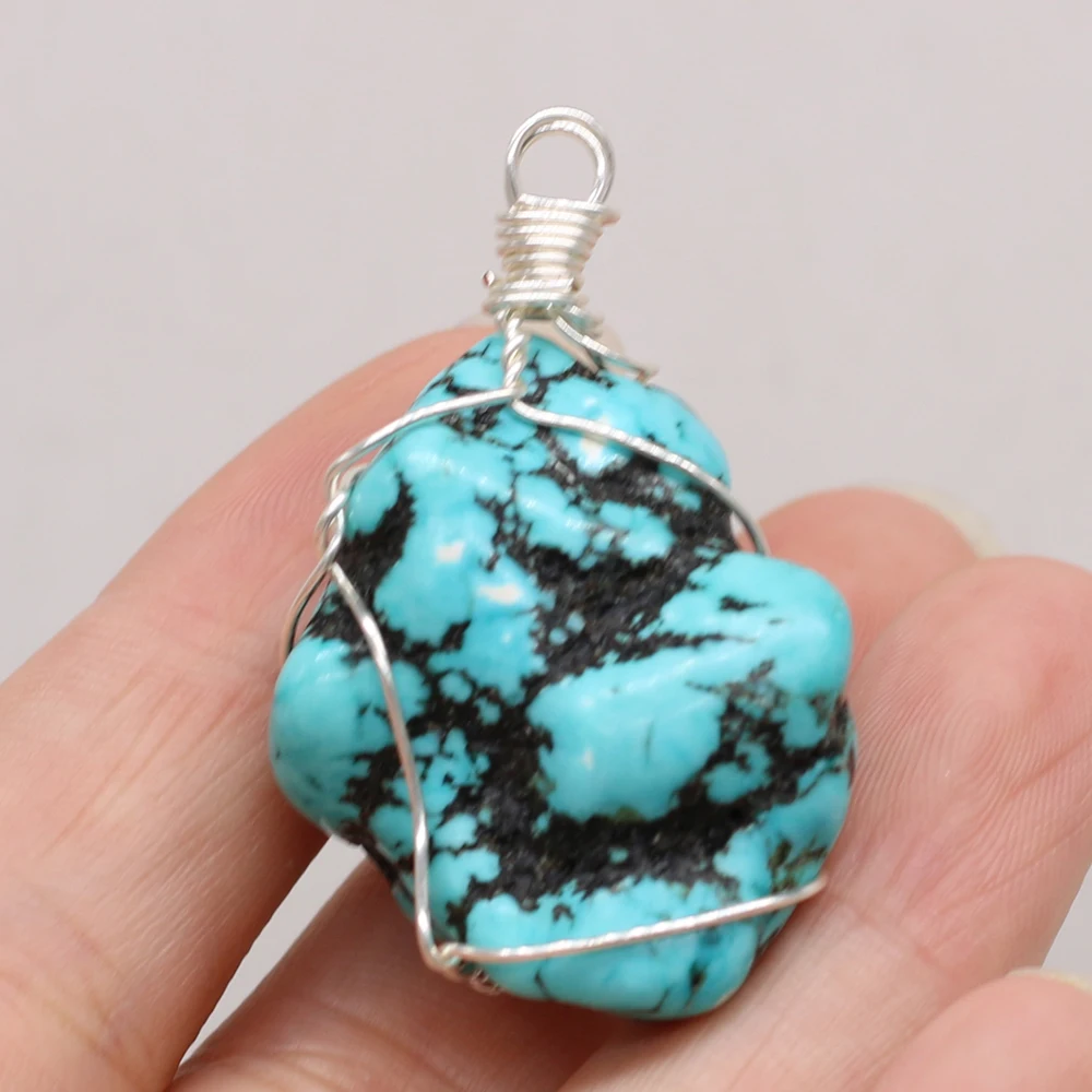 Natural Green Turquoise Pendant Winding Wire Irregural Agates Pendant Charms for Making DIY Jewerly Necklace Accessories