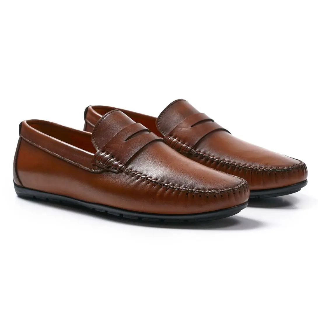 Perge Brown Black Genuine Calfskin Men's Loafers Slip-on Stylish Design Quality Handmade in Turkey