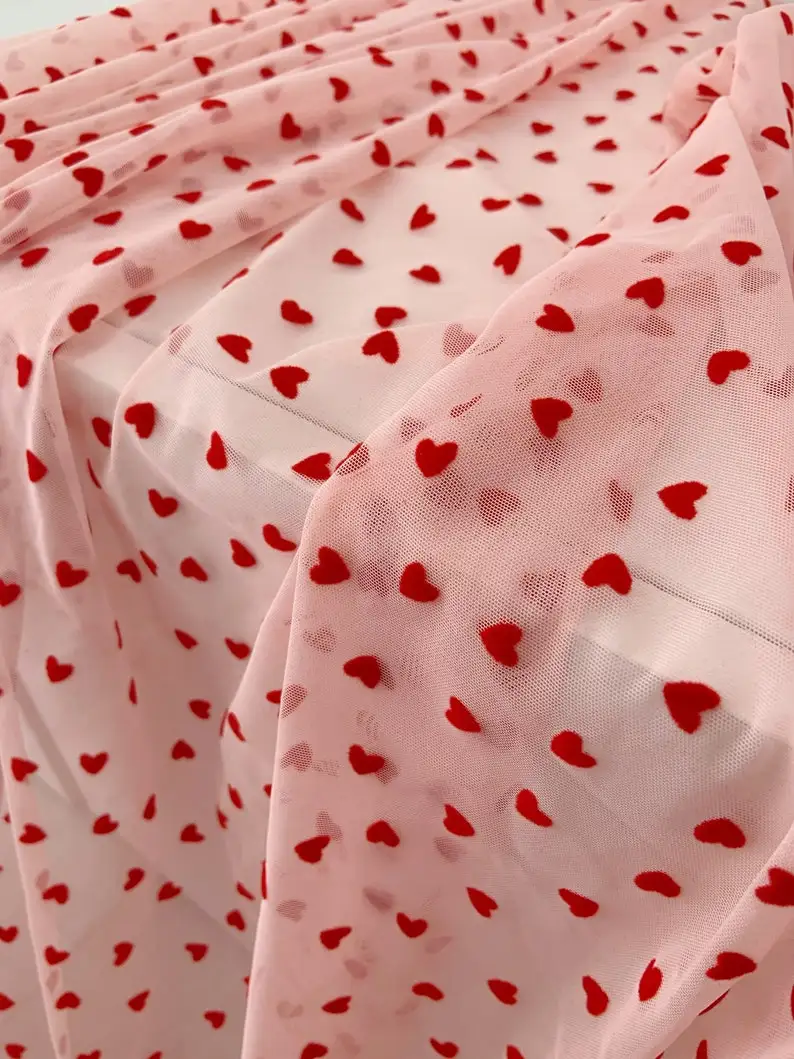 4 Way Stretch Tulle Fabric With Red Velvet Hearts Pink Stretchy Mesh Fabric Elastic Tulle Fabric Smooth Well Drape