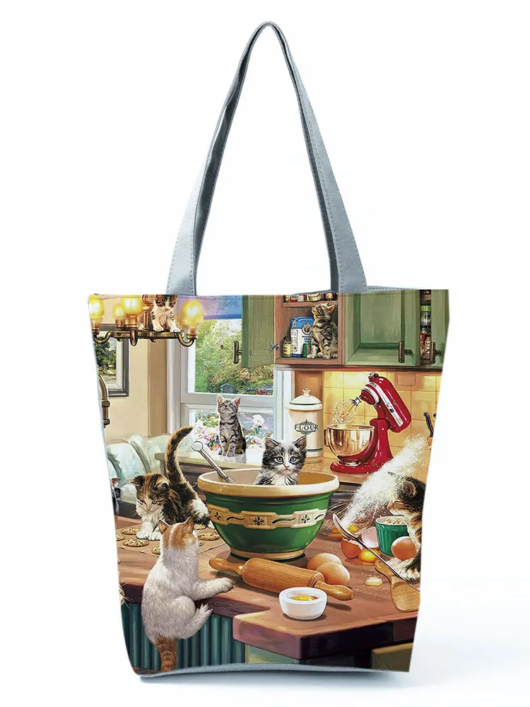 Oil Painting Cat Print Womens Designer Tote Bags Polyester Reusable Shopping Bag For Groceries Shoulder Bags for Lady Handbags