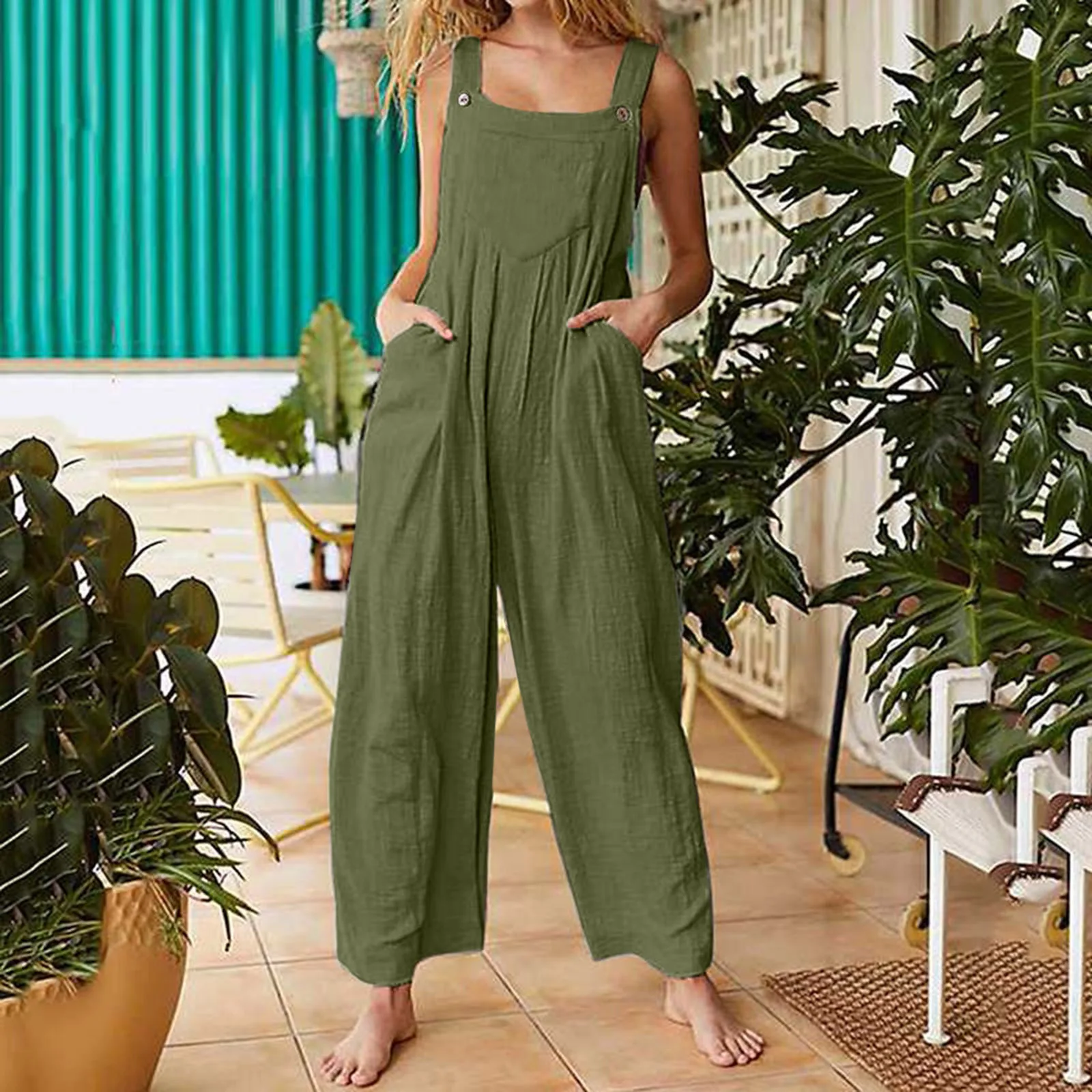 

Summer Ladies Bib Pant Suspender Trouser Loose Casual Female Women Solid Wide-Leg Overalls Jumpsuit One-Piece Romper Streetwear