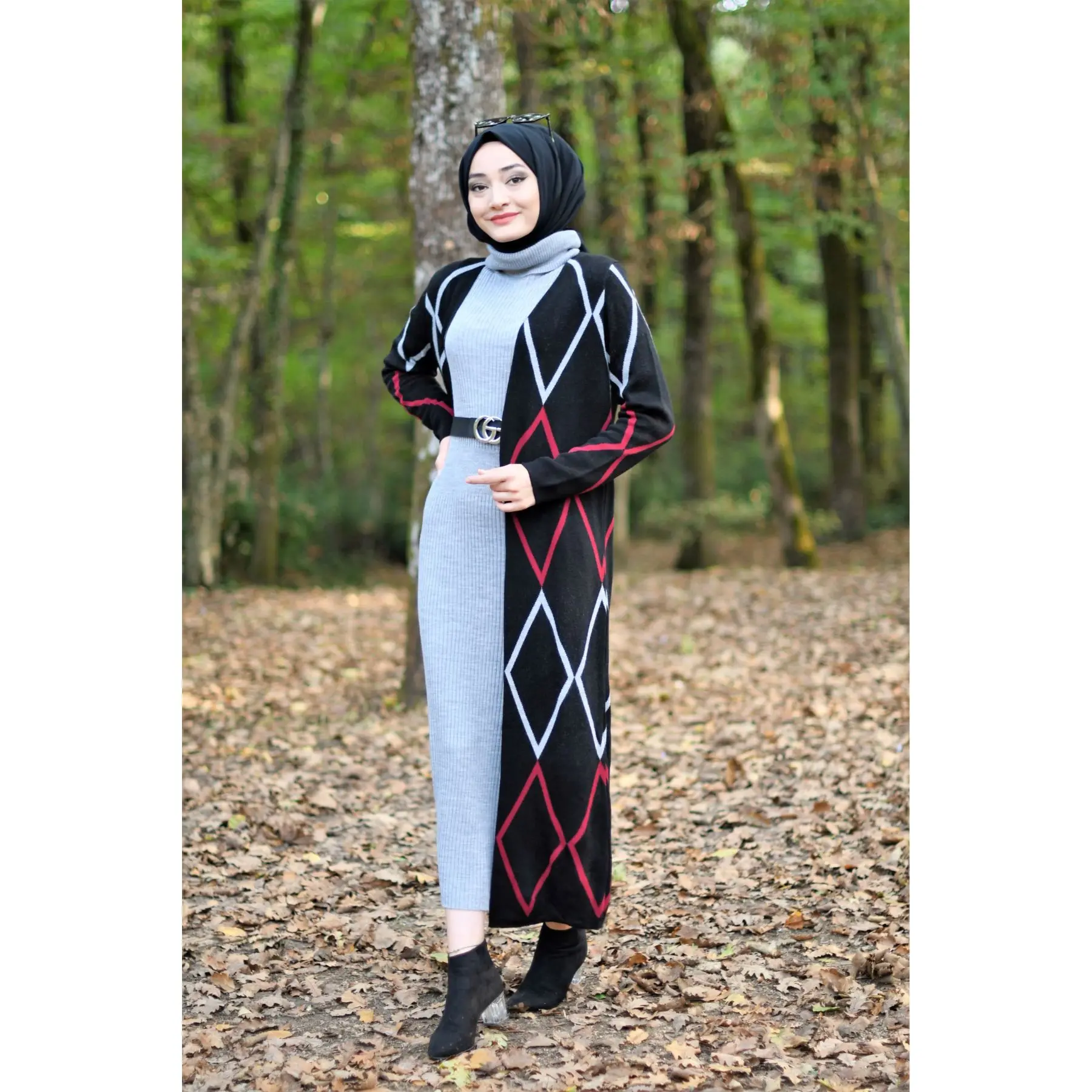 2 Piece Women's Set Embroidery Patterned Knitwear Maxi Turtleneck Dress and Maxi Cardigan Long Sleeve Turkey Muslim Fashion