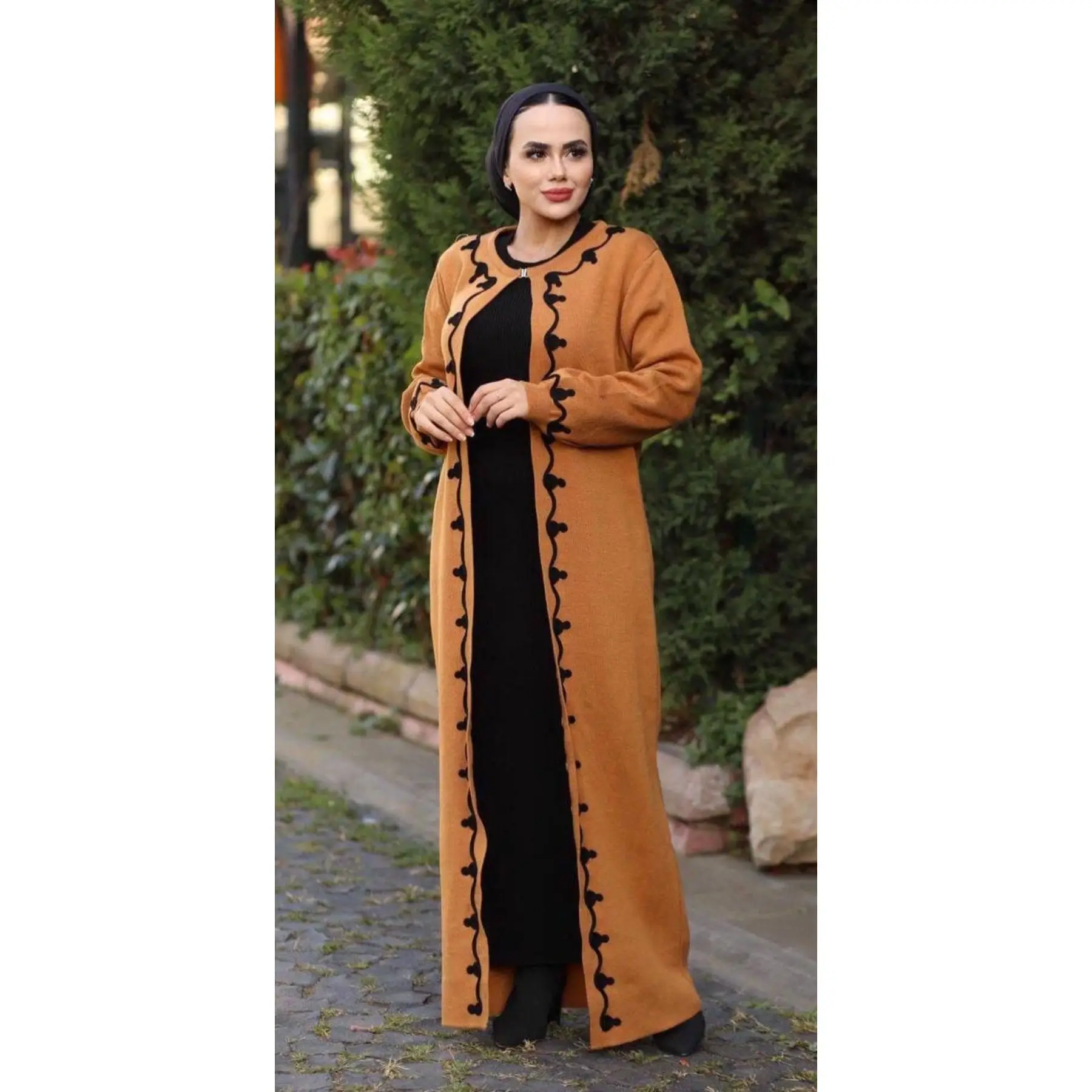 2 Piece Women\'s Set Stipes Patterned Maxi Dress and Long Sleeve Maxi Cardigan Knitted Suit Turkish Quality Muslim Clothing