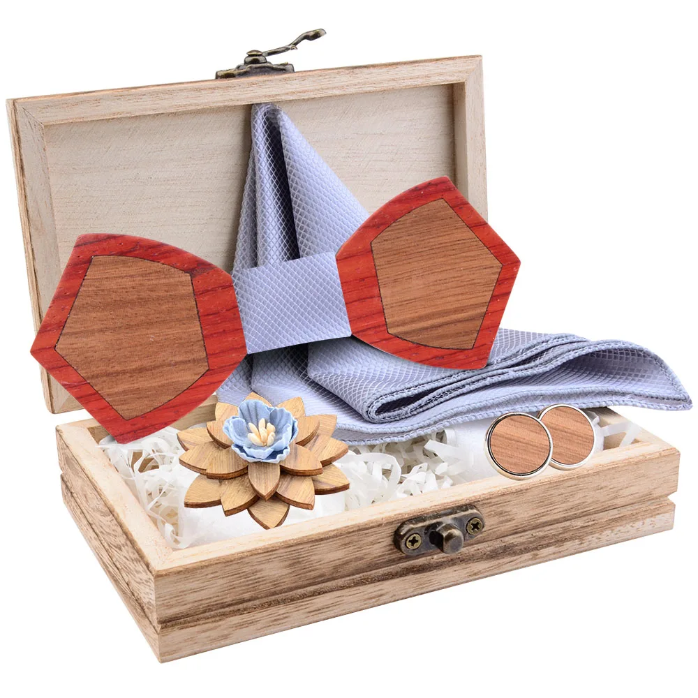 

New Novelty Wooden Bow Tie For Men Handkerchief Cufflinks Brooch Set And Wood Box Suit Women Wedding Gravata Accessories Bowtie