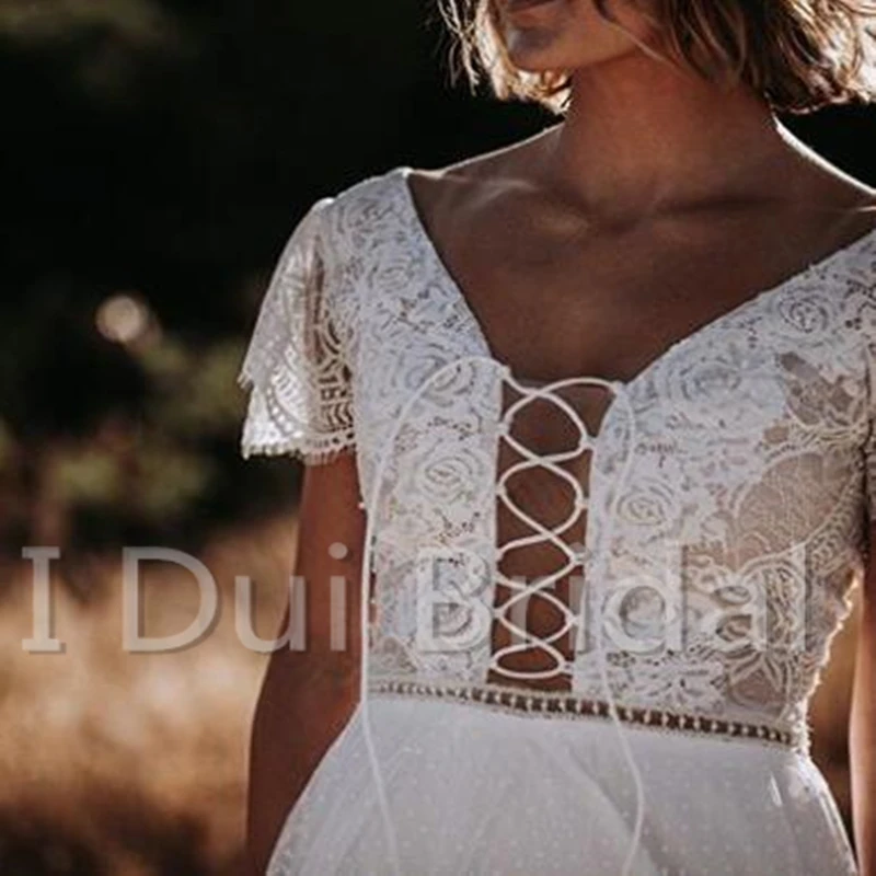 Dot Tulle Boho Trouwjurk met Korte Mouwen String Tie Hals Bruidsjurk Nieuwe Stijl Factory Real Photo