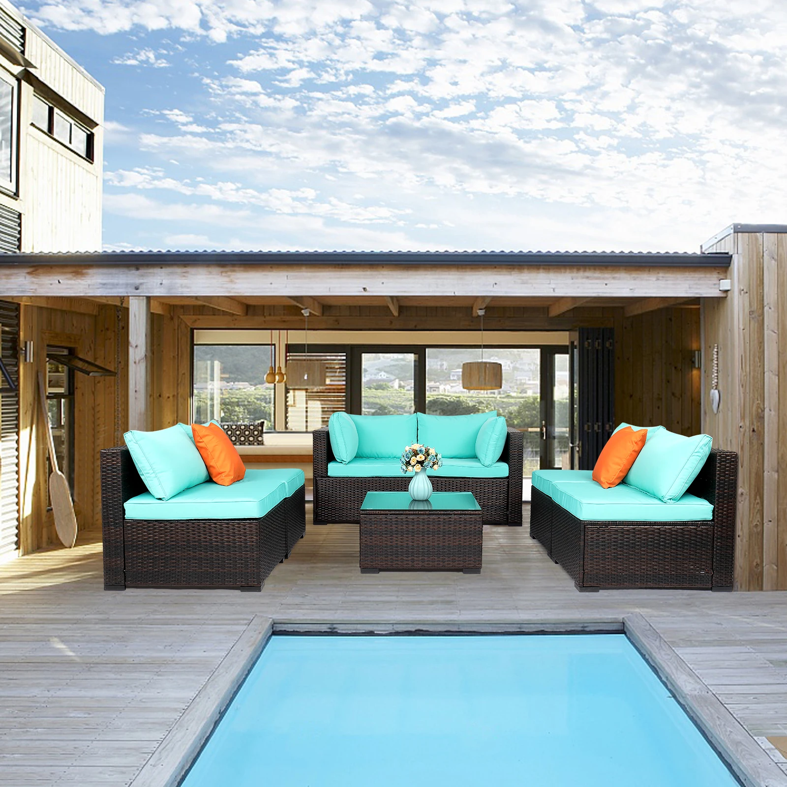 7 Piece Outdoor Terrace Patio Furniture Set Brown Gradient Rattan Lake Blue Cushion Vacuum Packing Rattan[US-Stock]