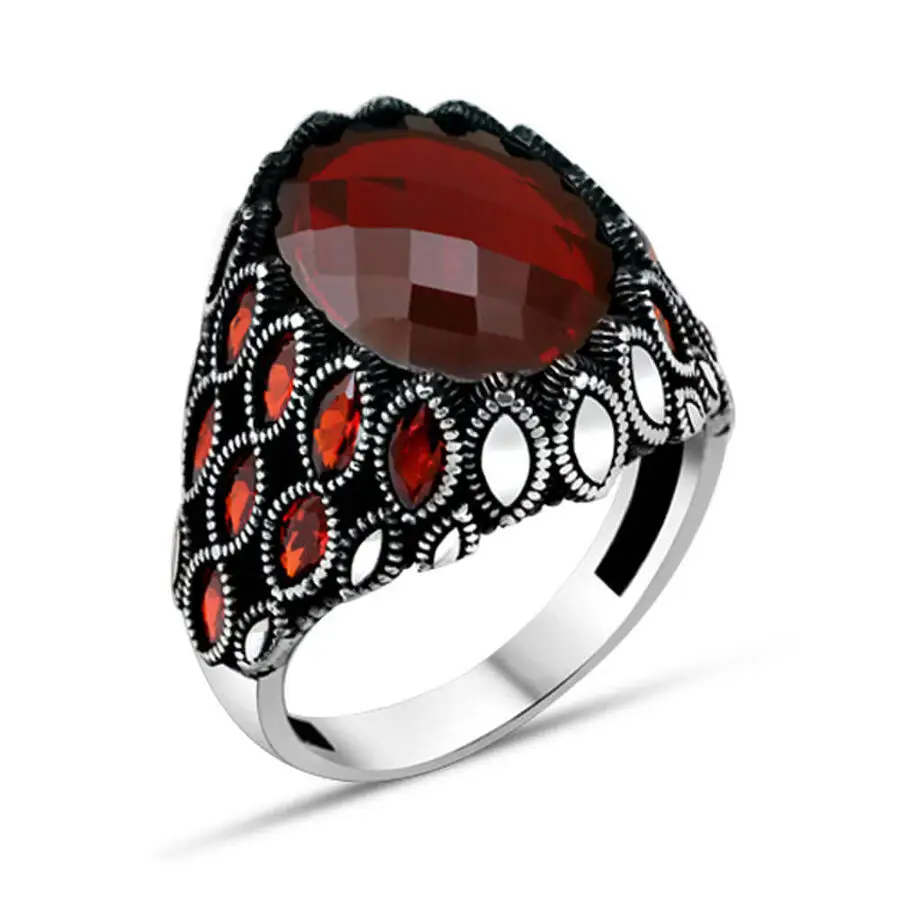 

Silver Men's Ring with Red Zircon Stone with Vertical Stone Engraving Fashion Turkish Premium Quality Handmade Jawelery