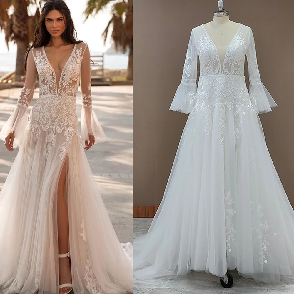 Vestido de novia de tul de encaje bordado hecho A medida, línea A romántica, abertura alta, mangas largas de campana, cuello en V, apliques, vestidos de novia