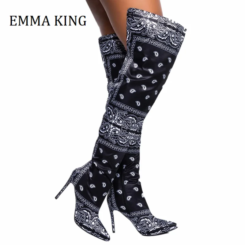 Autumn Winter Women Thigh High Boots Bandana Prints Bad Girl Heels Shoes Pointy Toe Silk Stiletto Botas Altas Mujer Size 35-44