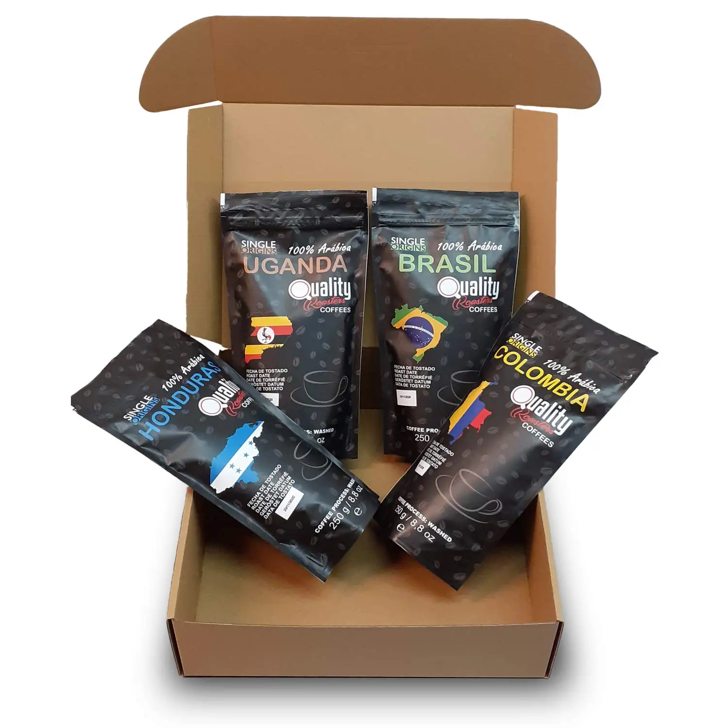 Café en grano natural. 100% Arabica. Pack regalo y degustación. 4 orígenes: Colombia, Uganda, Brasil, Honduras. 4x250g. Artesano