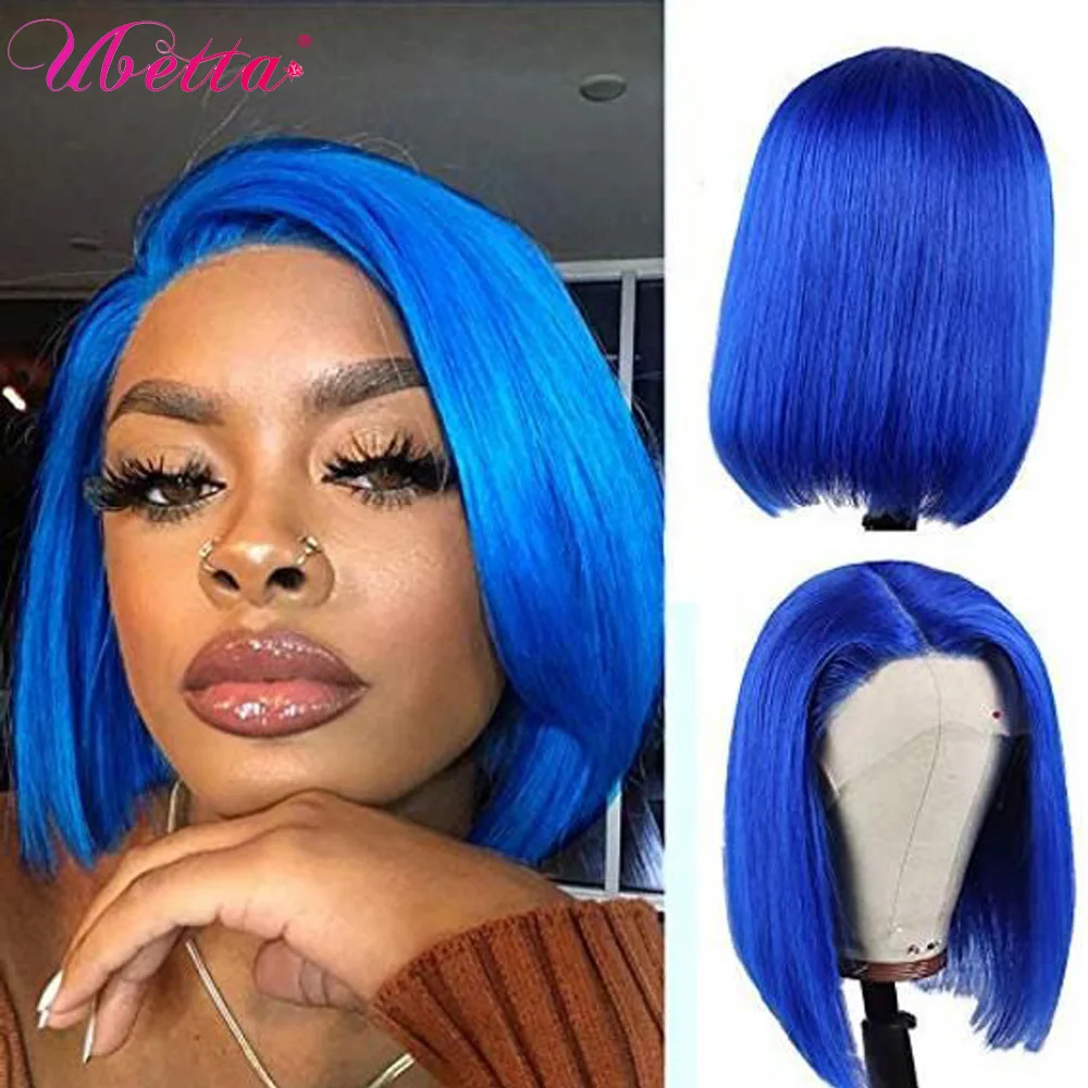 Colored Blue Bob Wig Lace Front Human Hair Wigs Preplucked Remy Hair Bleached Straight Short 13x4 Lace Front Dark Blue Bob Wigs