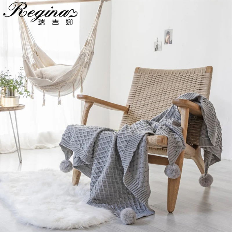 

REGINA Blending Knitted Throw Blanket Pink Light Green Gray Home Decor Pompom Stripe Plaid Soft Sofa Bed Air Conditioned Blanket