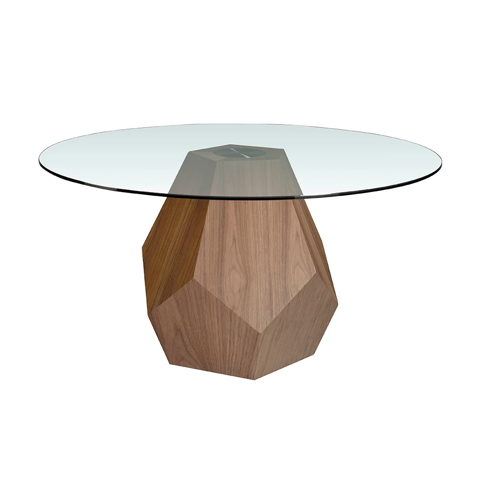 Dining table 1093 Angel Cerda-round dining table with tempered glass and walnut pine wood.