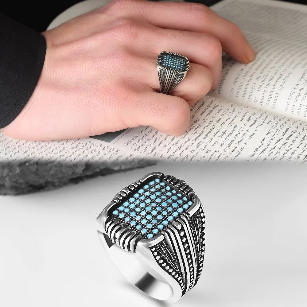 Micro Cubic Zirconia Accents 925 Sterling Mens Silver Ring For Men, Gift Jewelry, Vintage, Made in Turkey, design Fashion Accessory Trendy