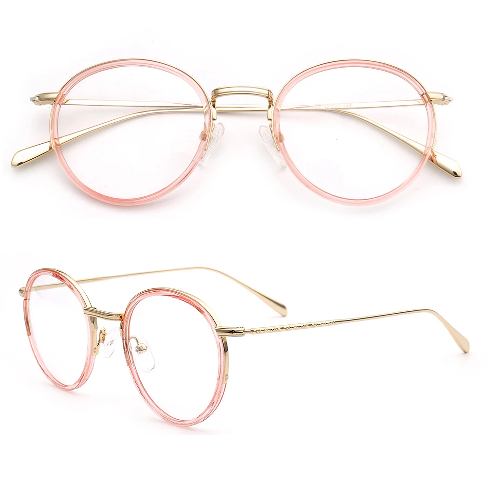 Women Round Retro Fashion Eyeglass Frames Men Metal Acetate Vintage 2021 Glasses Frames Pink Grey Blue Spectacles Rx Eyeglasses