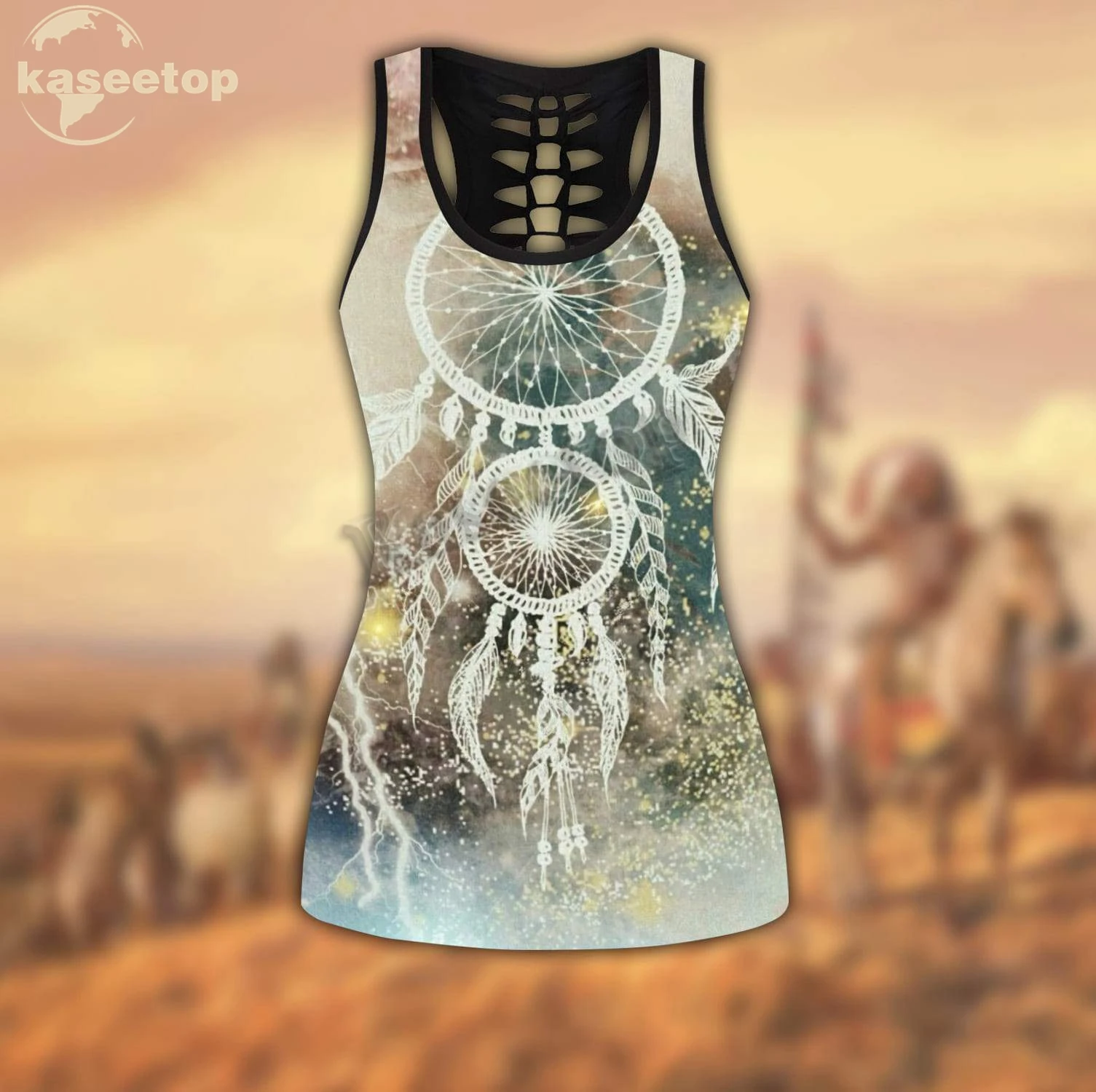 Kaseetop Native America Yoga Set Tribal Pattern Yoga Set Women 3D Print Vest Hollow Out Hollow Tank &Legging Outfit Summer LK199