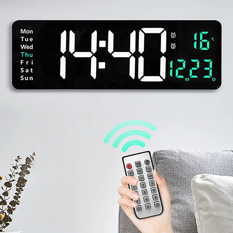 Large Digital Wall Clock Remote Control Temp Date Week Display Power Off Memory Table Clock Wall-mounted Dual Alarms LED Clocks