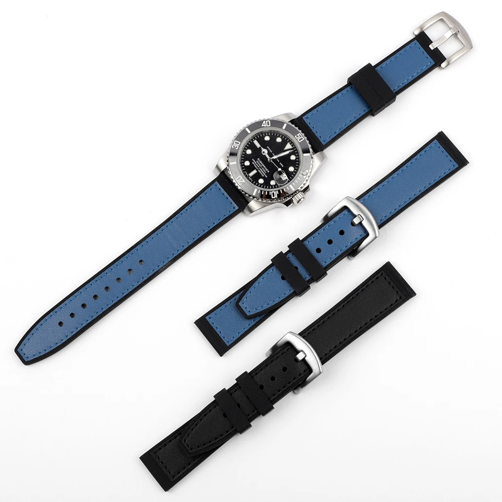 

Watchproof Black Blue Watchband Rubber Ring Silicone&Leather Watch Band 20mm 22mm Watch Strap