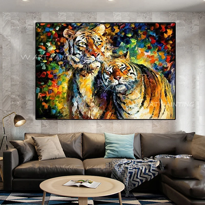 Palette Knife Impasto Two Tigers Oil Painting, Handmade Thick Texture Colorful Wildlife Art, Horizontal Tiger Wall Decor