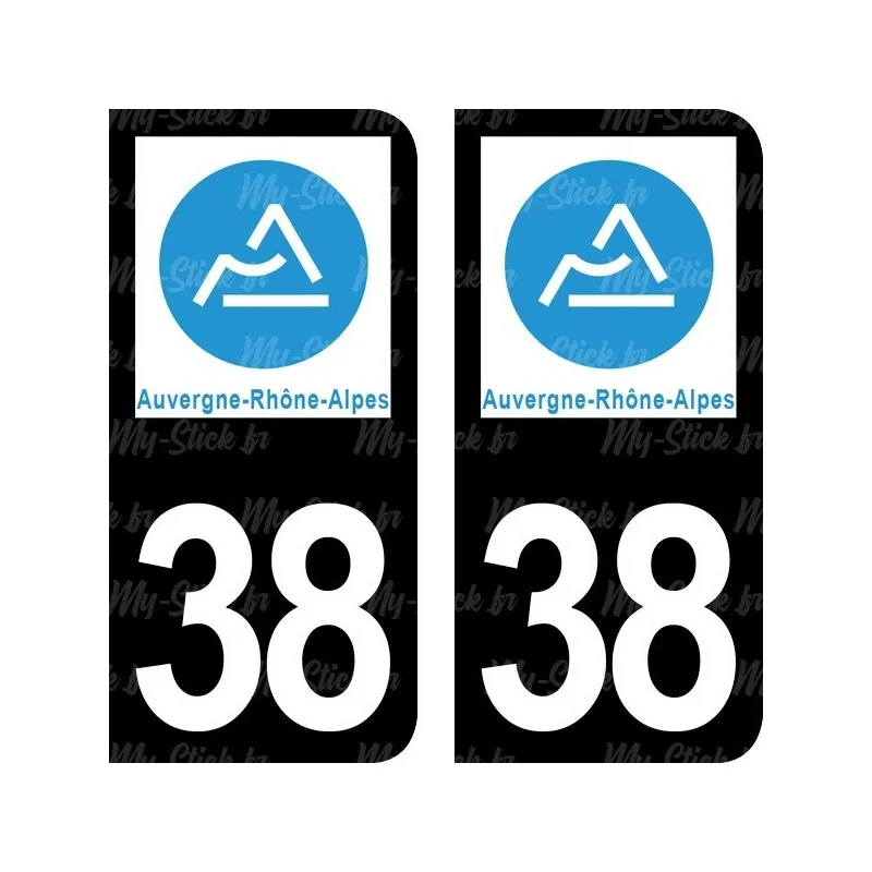 Registration plate sticker Department 38 of Isère Auvergne-Rhône-Alpes for car in blue or black background