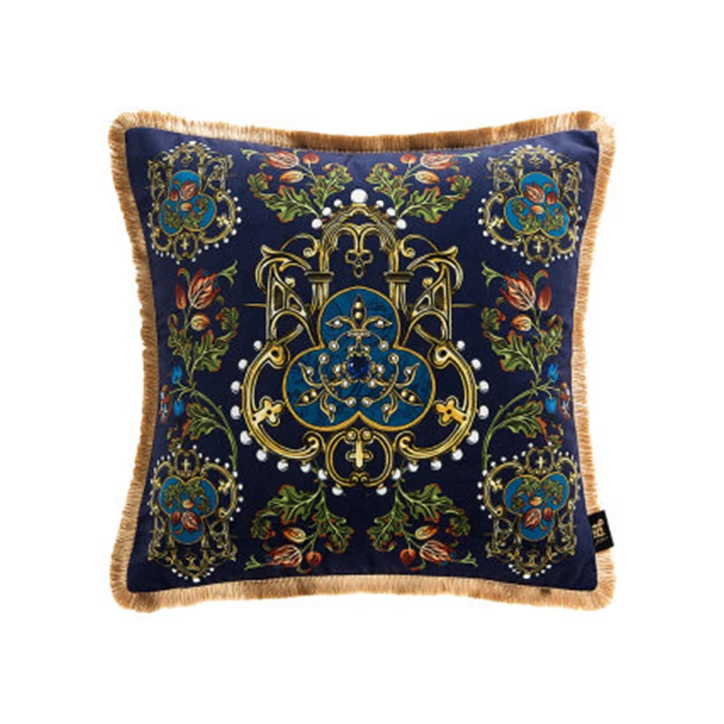 Vintage Velvet Cushion Cover, Abstract Colorful Pheasant Throw Pillow Case, Chic Design One Side Printed, Tassel Pillowcase