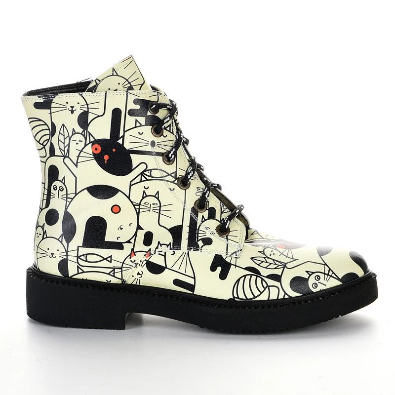 New season cat-patterned cream-colored lace-up zippered ankle boots