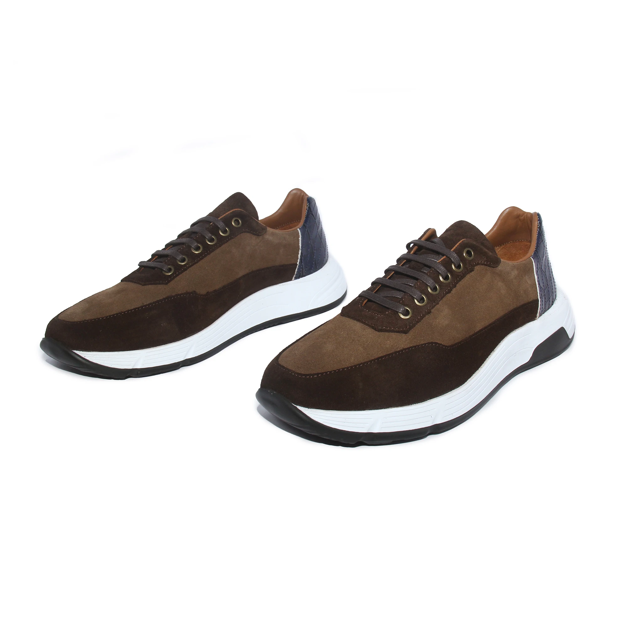 Handmade Brown Blue Sport Sneakers with Natural Calf Leather & Suede, Men's Lightweight Casual Footwear, Running Outdoors