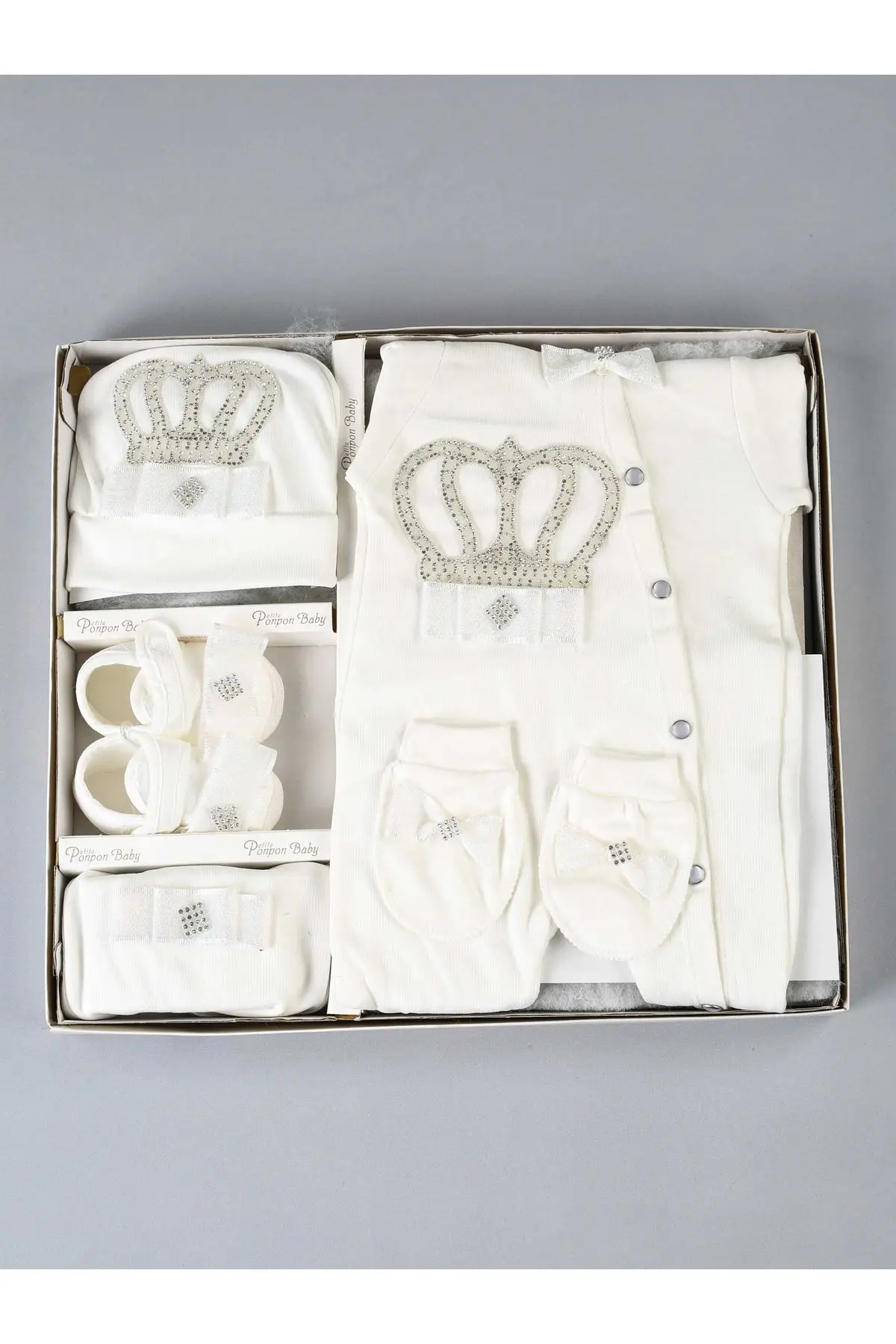 White baby girl boys queen king crowned rompers 5 piece set cotton comfortable use overalls hat gloves models