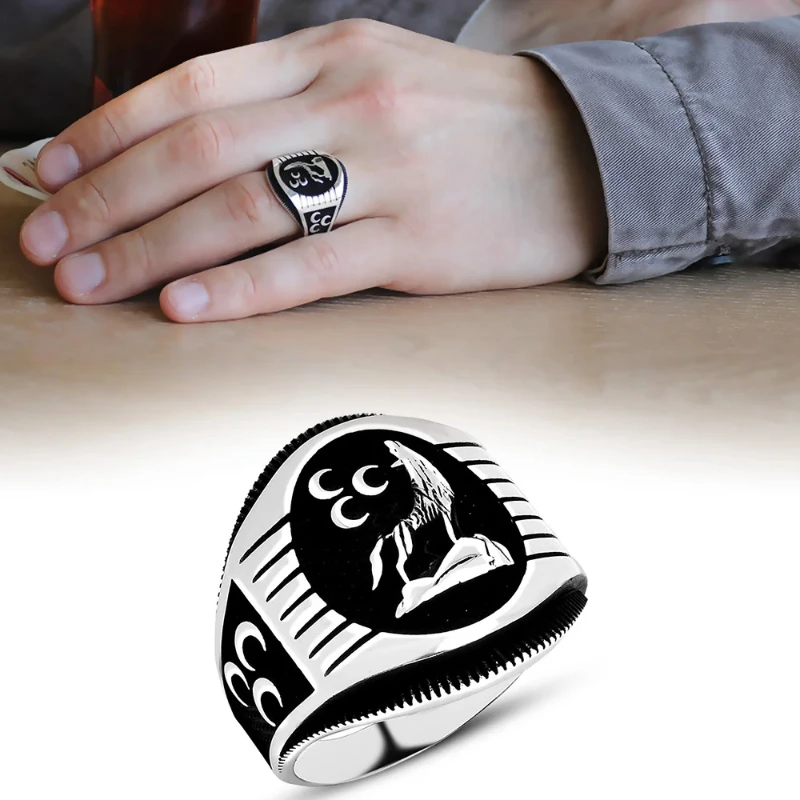 Male Three Crescent Embroidered Gray Wolf Motif 925 Sterling Custom TasarımGümüş Ring 2022 Summer Winter Trend Gift Items Free Shipping