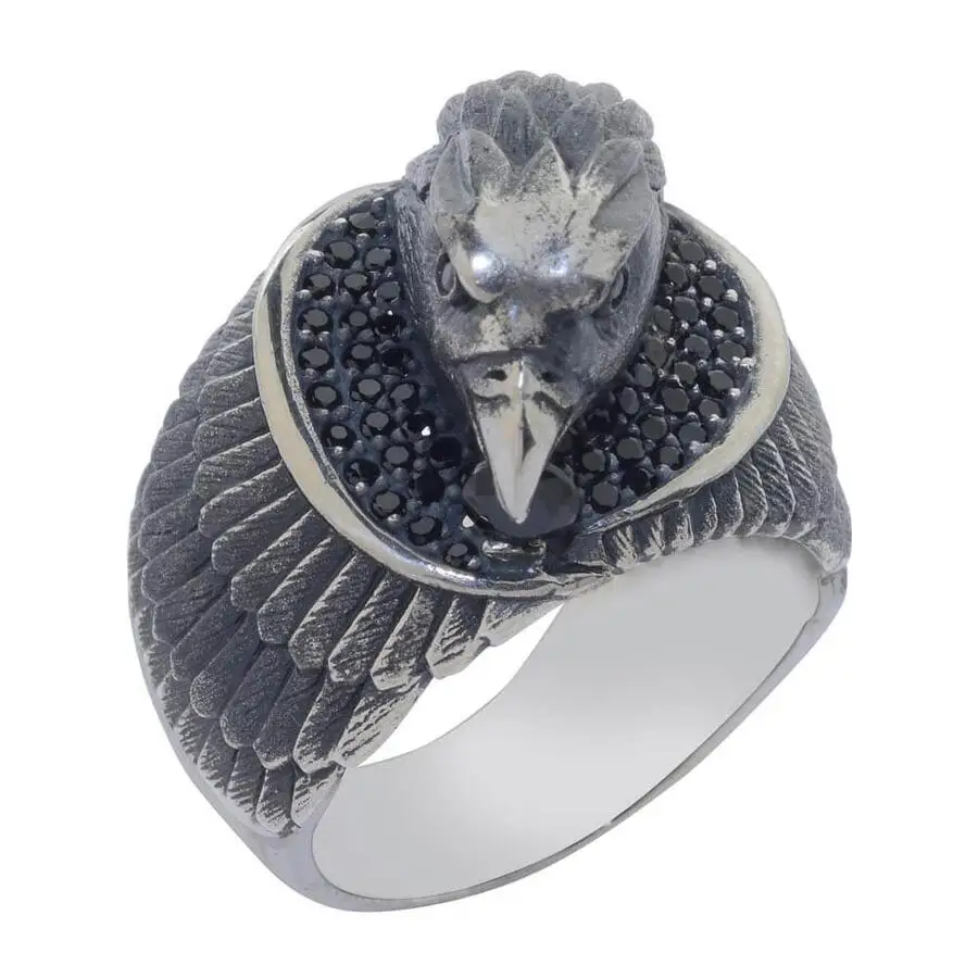 

3D Eagle Headed Silver Men's Ring with Mini Black Stones Fashion Turkish Premium Quality Handmade Jawelery