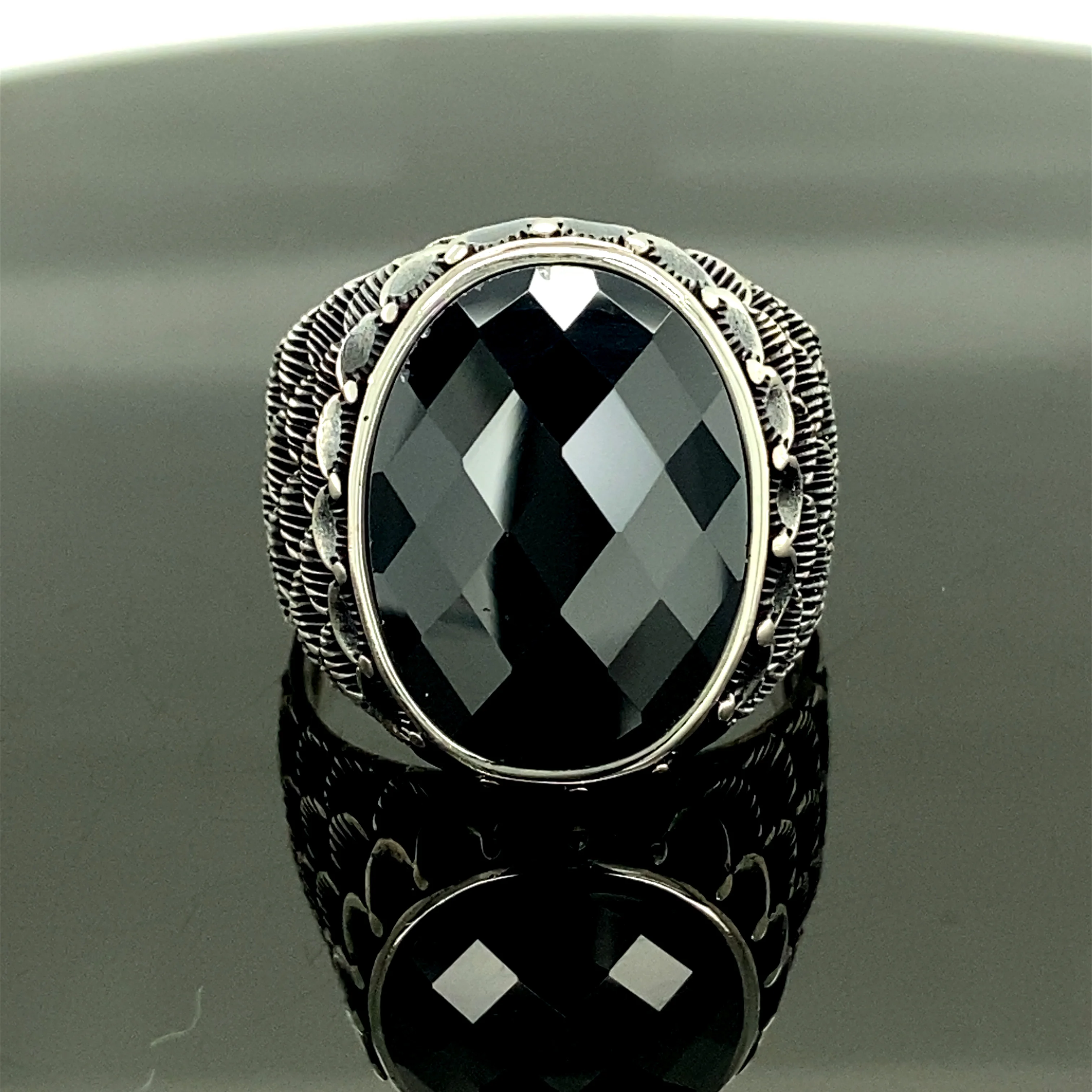 Handmade Men Silver Ring , Black Stone Silver Ring , Ottoman Jewelry , Zircon Stone Ring on the Band, Mens Jewelry , Gift For Hi