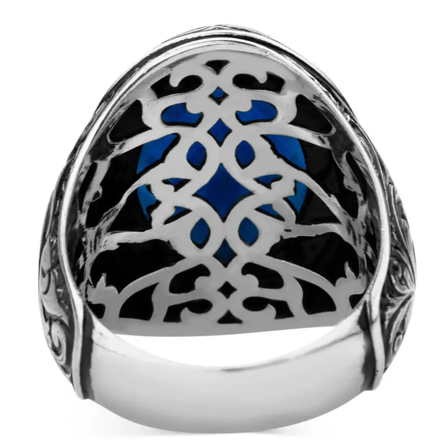 Sterling Silver Intricately Inlaid Mens Ring with Blue Zircon Stone Fashion Turkish Premium Quality Handmade Jawelery