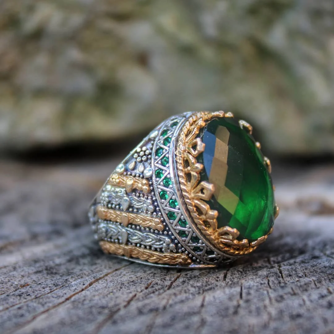 Real Pure 925 Sterling silver ring real emerald stone hand made made in turkey luxury and trendy model vintage style new model