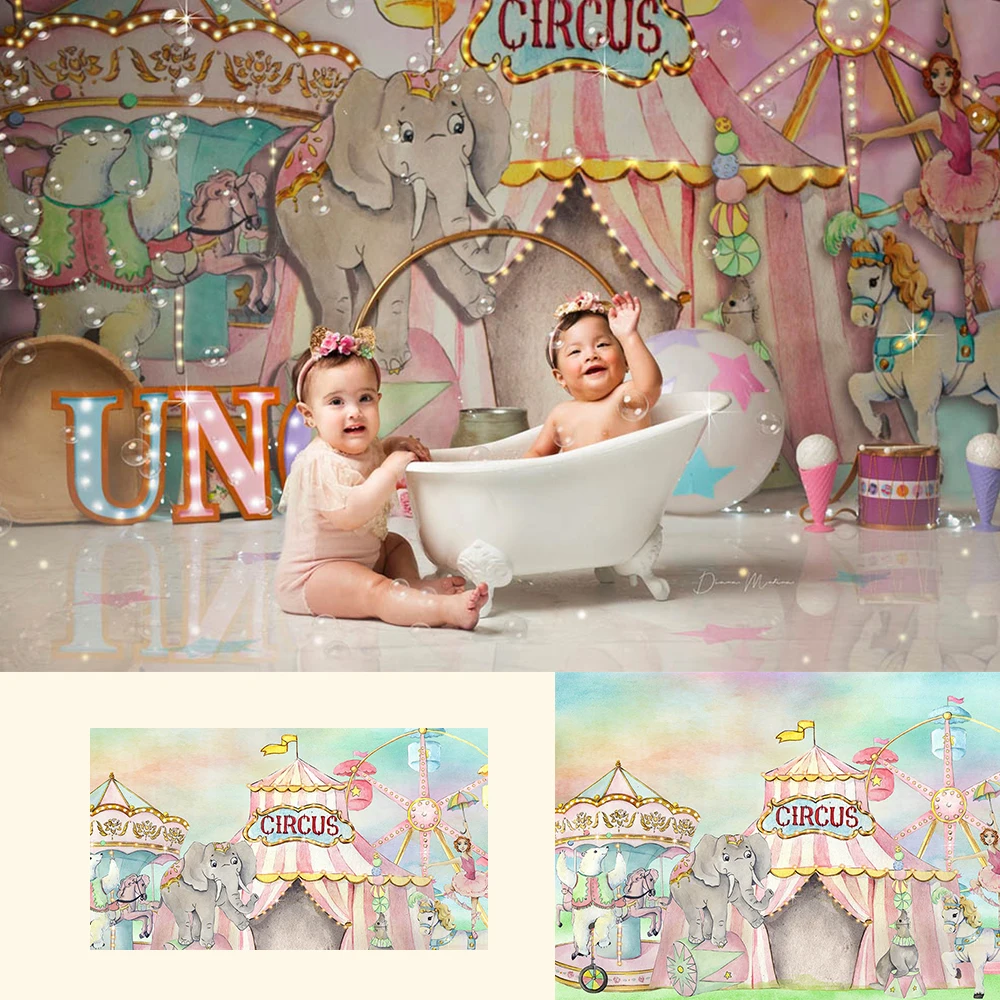 

Circus-Baby Kids Portrait Backdrops Circus Birthday Baby Shower Party Decoration Acrobats Animals Backdrop for Photography