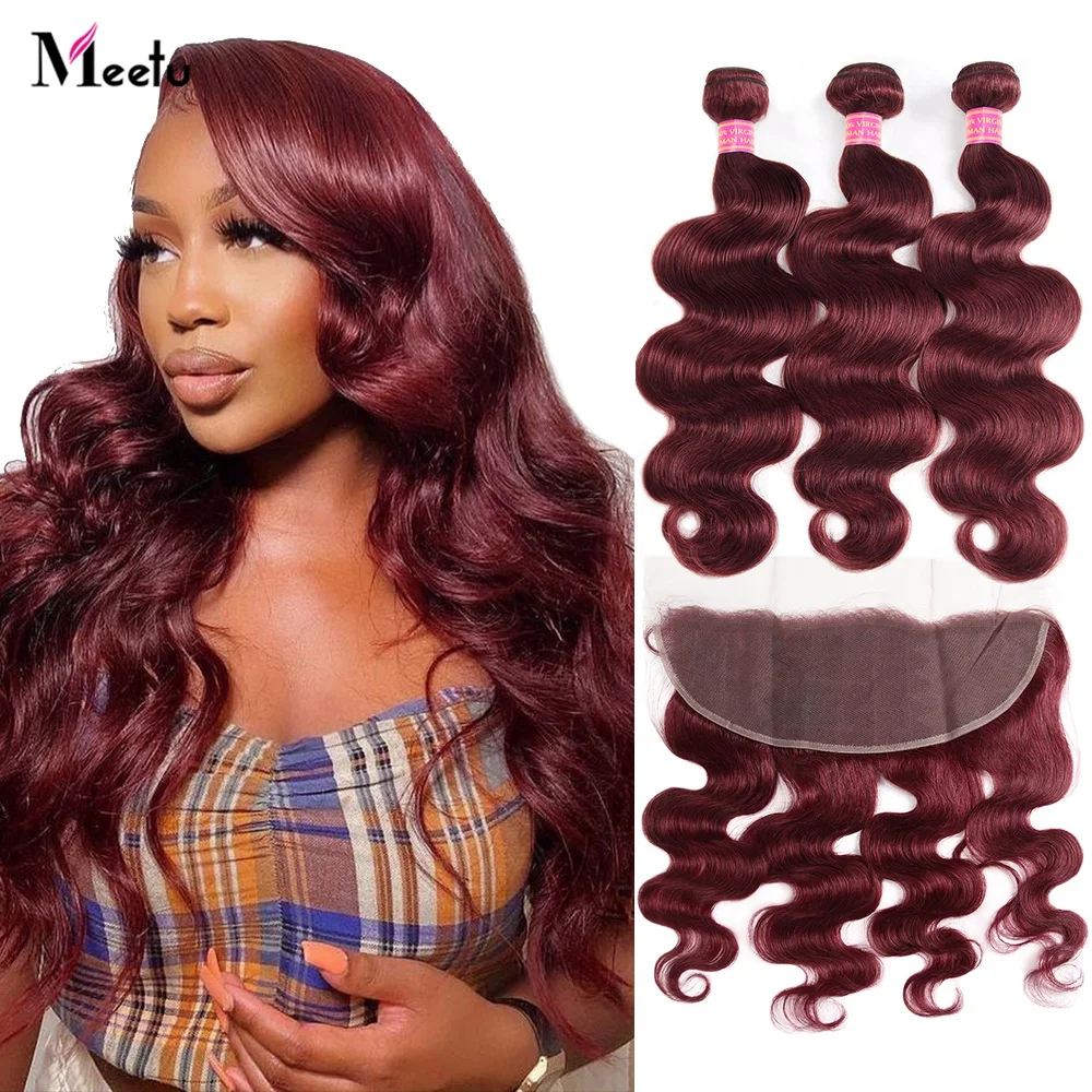 

Meetu Body Wave Bundles with Frontal 99J Colored Human Hair Bundles with Frontal 13x4 Transparent Lace Frontal With Bundles Remy