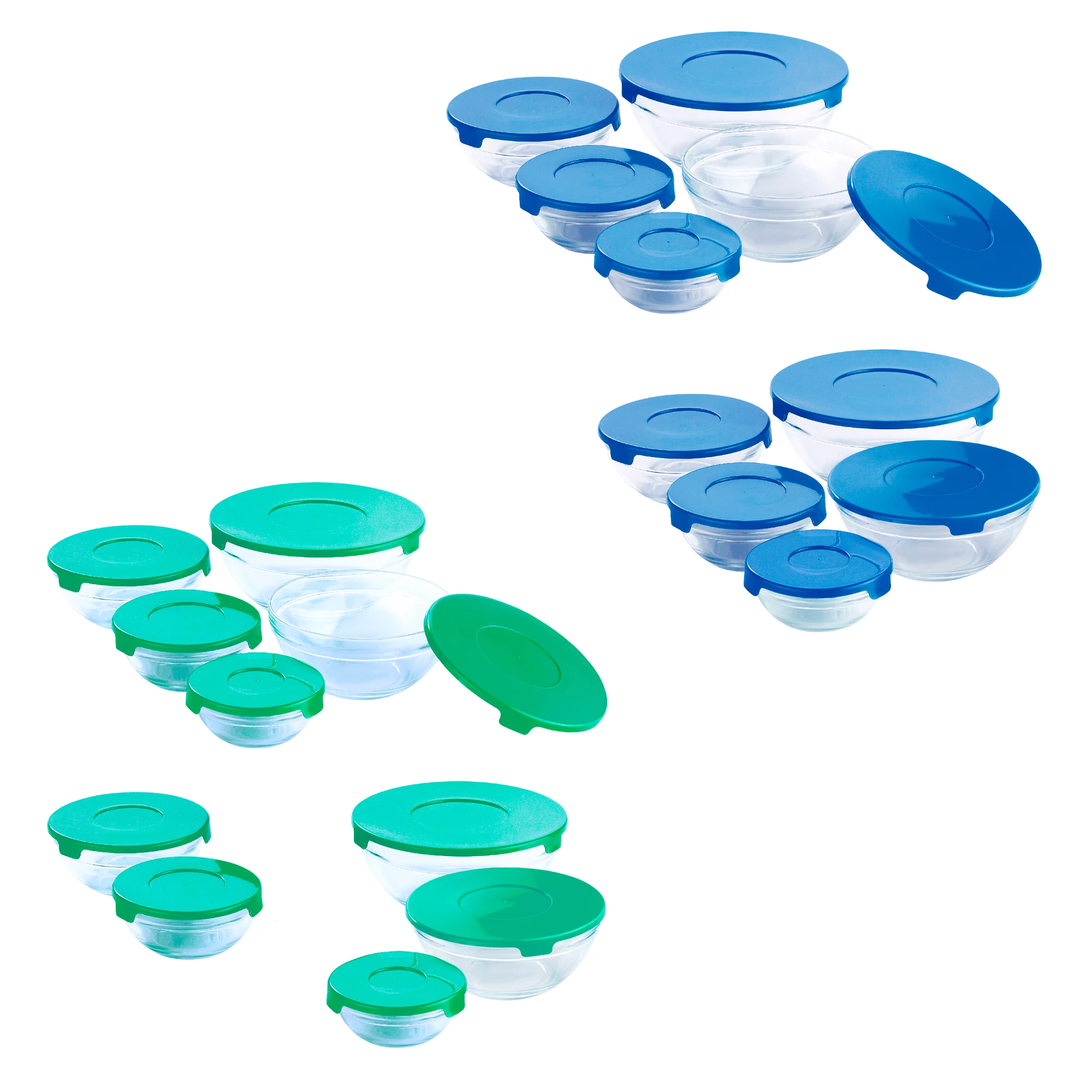 Pack of 10 blue or green glass tuppers fit for microwave, fridge and dishwasher in various sizes