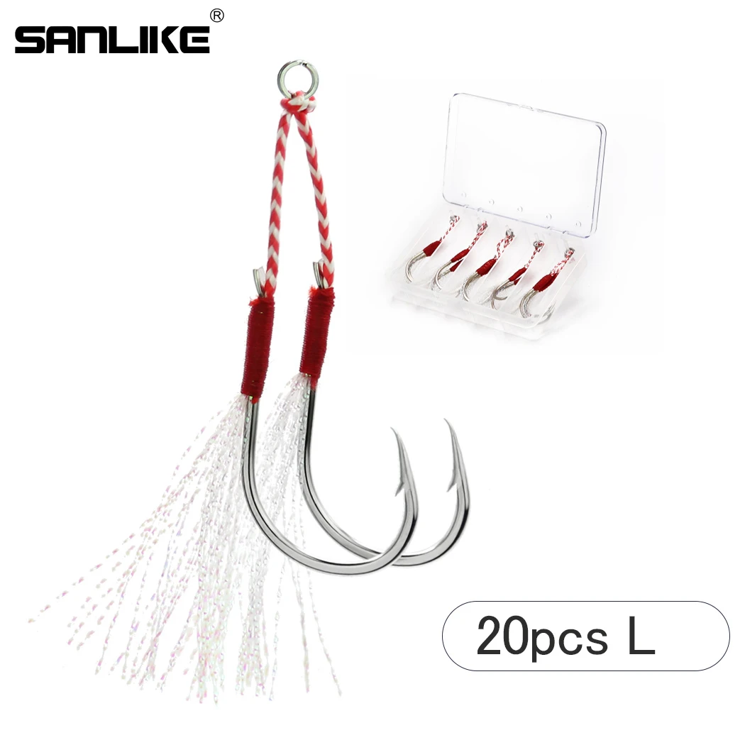 SANLIKE 10pcs/20pcs Fishing Hook Assist Dual Hooks Metal Jig Tinsel Fishing Gear Light Shogging Offshore Jigging Lure