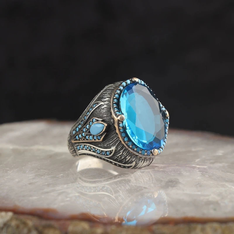 Men's Blue Topaz Gemstone Crystal Cut Real 925 Sterling Silver Ring Special Design Accessories Products 2022 Summer Winter Free Shipping