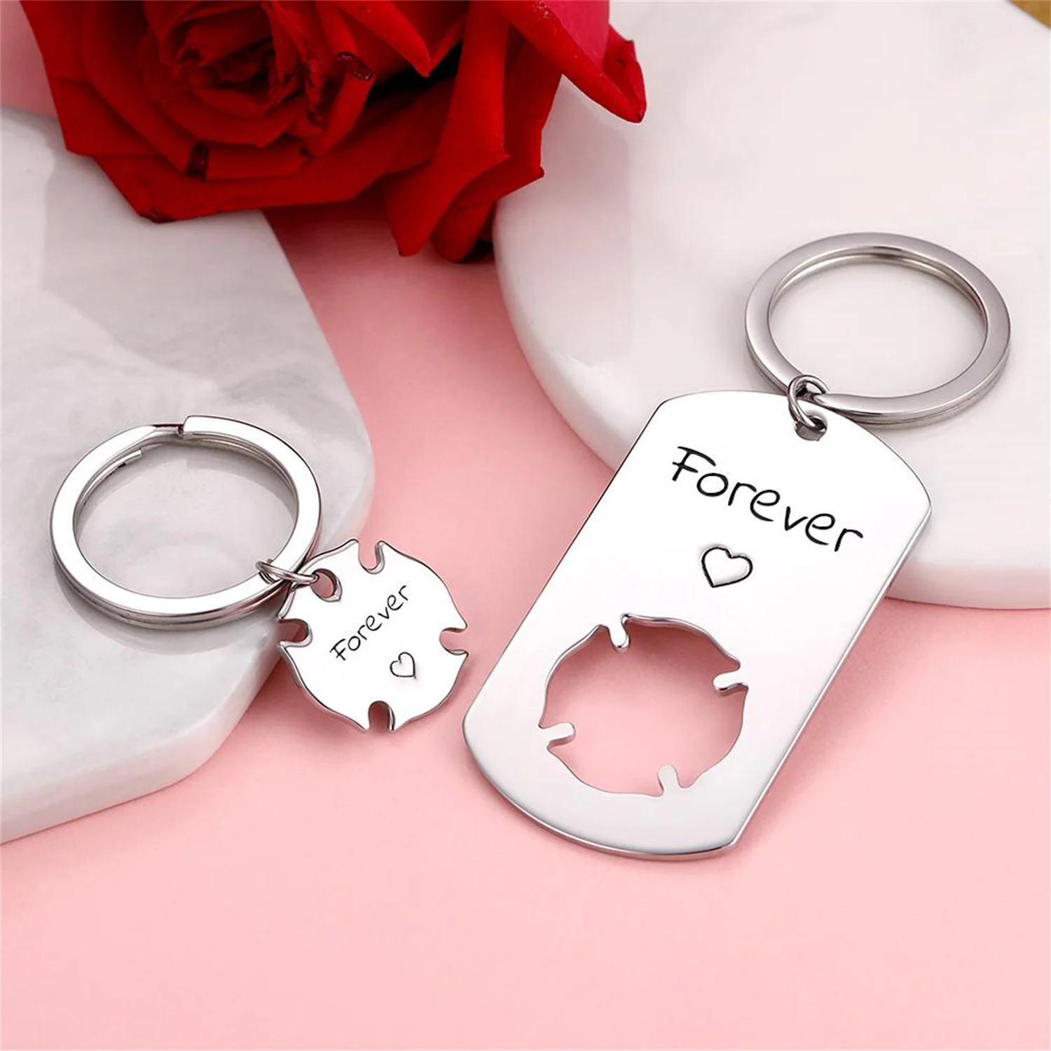 Custom Engraved Couple Keychain Set - Clover Dog Tag Personalized Puzzle Keychain Set Name Custom Keychain Mother's Day Gifts