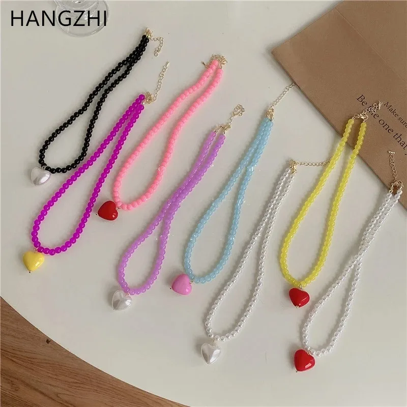 HANGZHI Candy Color Heart Pendant Beaded Chain Cute Retro Necklace for Women Girls Trendy Choker Clavicle Chains Necklaces