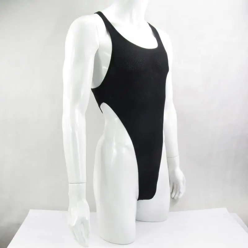 G428D Mens bodysuit Thong Leotard Racer Back Nylon spandex slightly C-thru honeycomb mesh