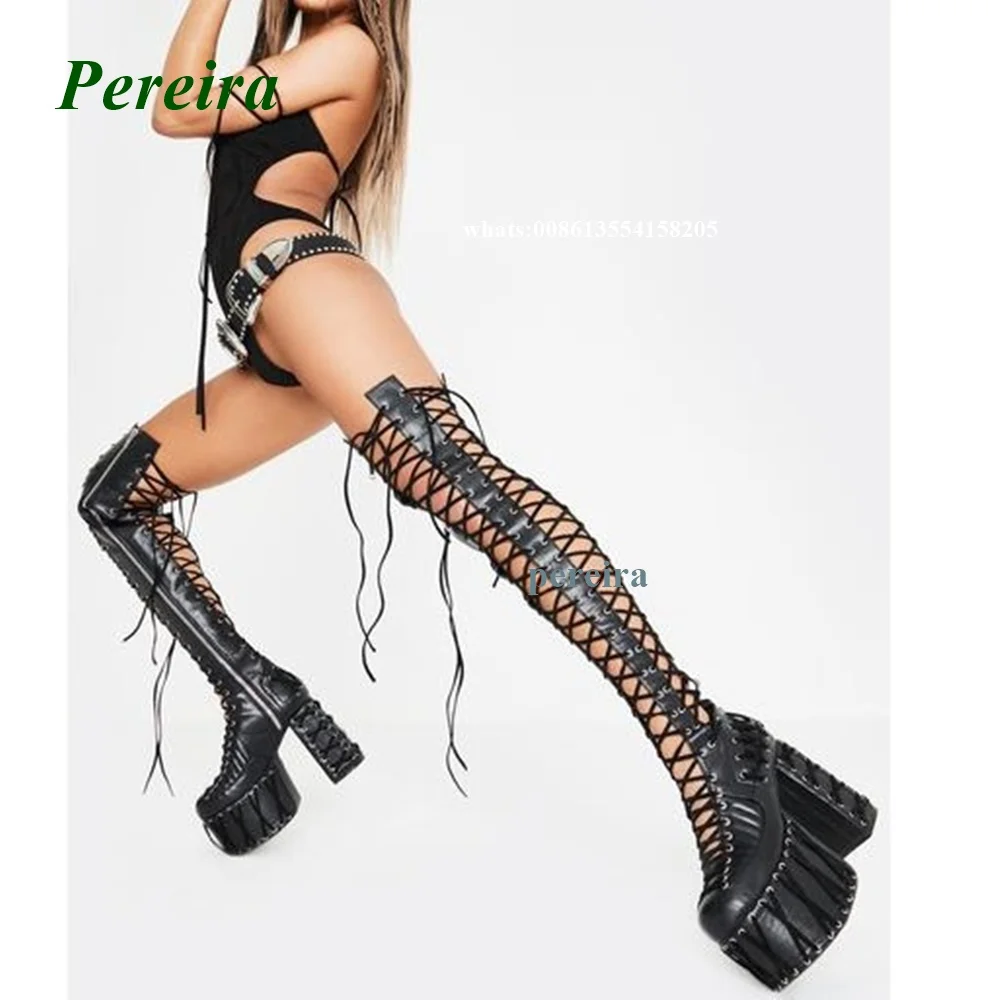 Black High Platform Sandals 2022 New Round Toe Cross Tied Sandal Boots Over The Knn Lace Up Back Zip Leather Party Shoes Sexy