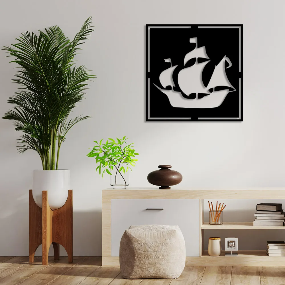 Geometric Sea Progressing Pirate Ship Wall Accessory Wooden Table 50x50cm