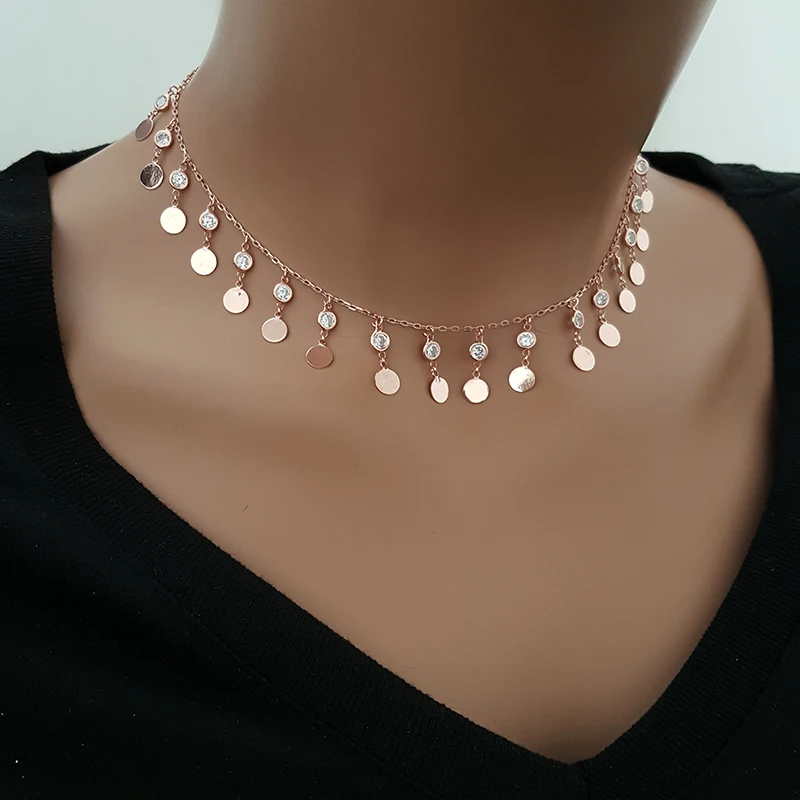 Rose Gold Plated Minimalist Coin Choker Necklace Dainty Drop Necklace