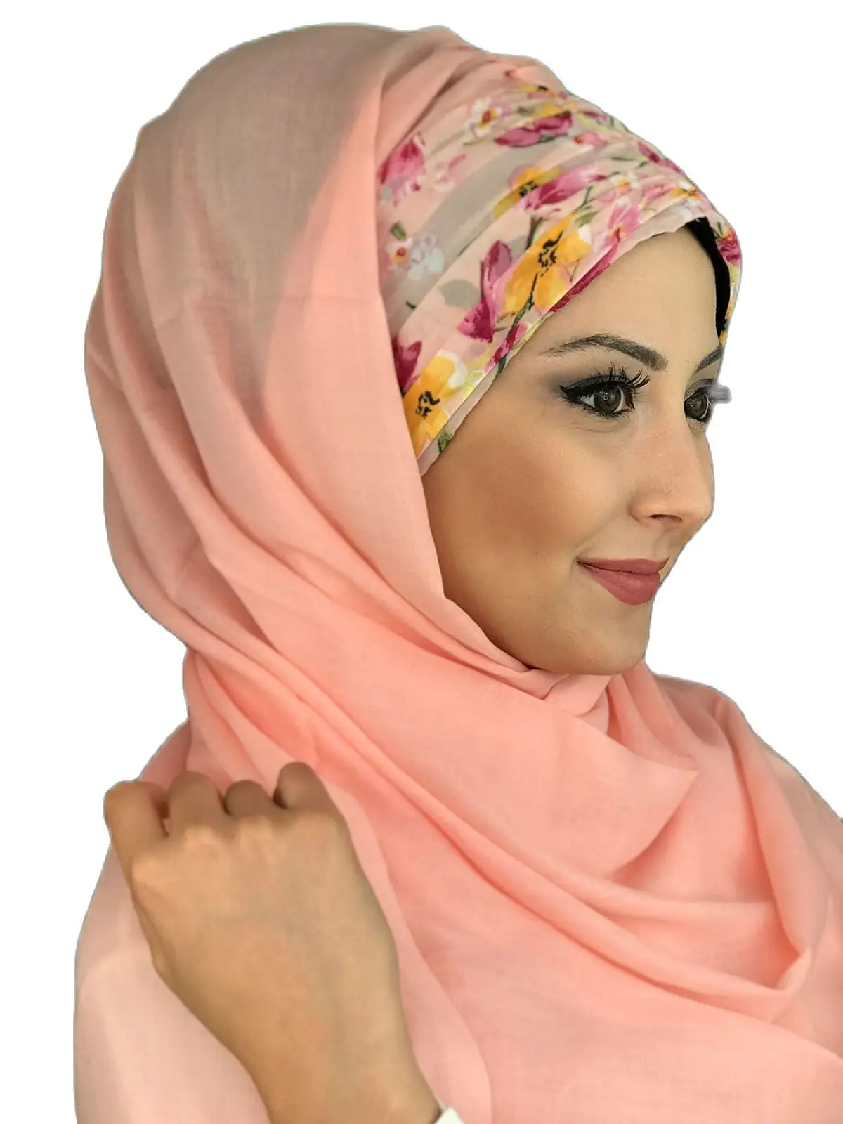 New Fashion Hijab 2021 Women Muslim Chiffon Headscarf Hat Islamic Turban Scarf Dark Salmon Floral Patterned Shirring Ready Shawl