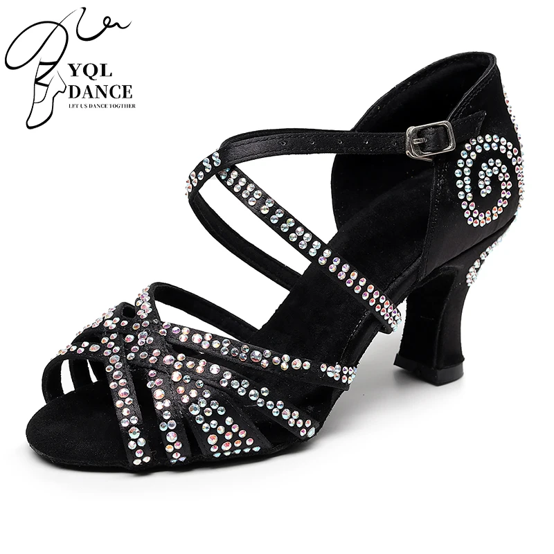 Chaussures de danse latine noires à lanières pour filles, chaussures de danse pour salle de bal en cristal pour mariage, chaussures en daim et cuir