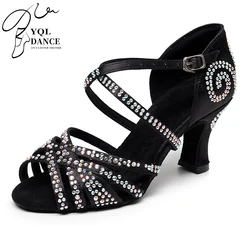 Chaussures de danse latine noires à lanières pour filles, chaussures de danse pour salle de bal en cristal pour mariage, chaussures en daim et cuir pour femmes