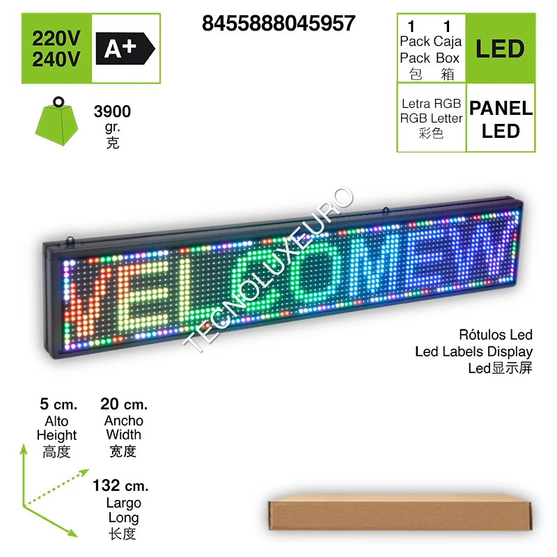 RÓTULO-LED électrique en aluminium RVB, 132 cm x 20cm x 5cm